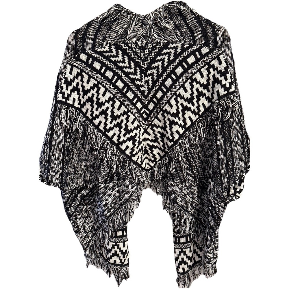 Fringe Poncho Cardigan Aztec Southwestern Boho Knit Open Front Festival Wrap